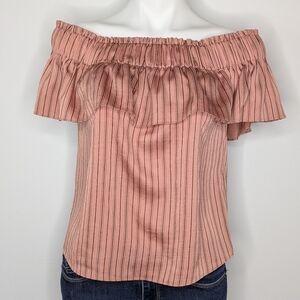 NWT Express pink black striped off the shoulder ruffle top S